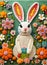 Crochet beautiful Rabbit on Meadow full of flowers, DIY, background, AI Generation