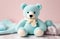 Crochet blue bear and yarns. Cute handmade toy. Japanese amigurumi