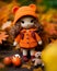 a crochet doll with an orange coat and a teddy bear