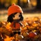 a crochet doll is standing in the leaves with pumpkins