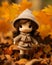 a crochet doll wearing a hat and coat in the fall leaves