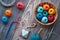 Crochet, top view on yarn balls on rustic wood
