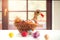 Crocheted Easter eggs and straw hen in wicker basket