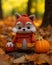 a crocheted fox sits in the leaves next to a pumpkin