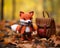 a crocheted fox stands next to a backpack