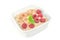 Crockery with beautiful tempting raspberries on white b