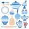 Crockery ceramic cookware. Blue porcelain bowls, dishes and plates. Kitchen tools vector collection