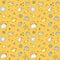 Crockery and cooking (tea and coffee) seamless vector pattern (yellow). Clean and simple outline design.