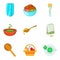 Crockery icons set, cartoon style