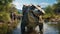 A crocodile with a backpack leading a group of tourists in swamps