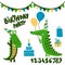 Crocodile birthday party print design with numbers- funny hand drawn doodle, cartoon alligator.