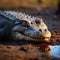 Crocodile, Crocodylus niloticus, sunbathing on the tranquil riverbank landscape