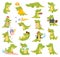 Crocodile Cute Character Engaged in Different Activity Big Vector Set