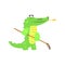 Crocodile Gardening With Rake, Humanized Green Reptile Animal Character Every Day Activity