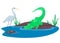 Crocodile hunting on the heron in the lake. Happy cute cartoon alligator and bird in the blue swamp pond. Green reptile