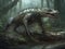 A crocodile hybrid walking in the forest, fantasy concept art.