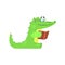 Crocodile Reading A Book , Humanized Green Reptile Animal Character Every Day Activity