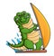 Crocodile standing on the board and holding the sail with two hands