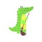 Crocodile Sweeping Floor With Broom, Humanized Green Reptile Animal Character Every Day Activity