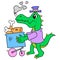 Crocodile walking carrying trolley cart to buy groceries meat. doodle icon image kawaii