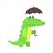 Crocodile Walking Under Rain With Umbrella, Humanized Green Reptile Animal Character Every Day Activity