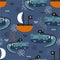 Crocodiles - pirates, boats, colorful cute seamless pattern. Decorative background with animals