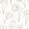 Crocus flower golden seamless pattern spring primroses outline sketch on white background.