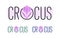 Crocus flowers, saffron. Logo. Abstract saffron Crocus. Spring violet flowers on background of name