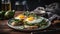 Croissant avocado toast with spinach and fried eggs. Healthy breakfast in plate on light wooden table, generative ai