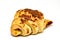 Croissant bakery photo closeup on white background. Cheese croissant studio photo. Fresh puff pastry closeup