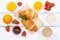 Croissant breakfast croissants orange juice coffee food wooden board from above