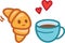 Croissant cartoon character in love with hot coffee at the morning. Funny and cute doodle with hearts. Croisant mascot