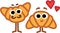 Croissant cartoon characters in love doodle icons set. Loveable french croisant mascots: male and female croissant