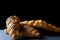 Croissant with chocolate. Freshly baked bread or french pastry croissants with jam on black bakery table. Tasty croissants with