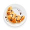 Croissant with chocolate on plate. Traditional french baked goods. Vector illustration.