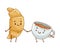 Croissant and coffee cup characters holding by hands. Perfect couple, friends forever cartoon vector illustration