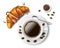 Croissant with coffee cup isolated. Realistic traditional french Croissant with chocolate and coffee beans for breakfast