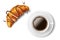 Croissant with coffee cup isolated. Realistic traditional french Croissant with chocolate. Sweet dessert product for