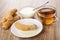 Croissant with condensed milk on saucer, croissants, spoon in bowl with milk, cup of tea on table