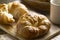 Croissant.a kind of food made of flour or meal that has been mixed with milk or water