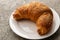 Croissant lies on a white plate. The plate is on a gray background.