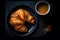 Croissant lying on a black plate, a mug with coffee, top view, dark style photography shot, ad background.