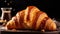 Croissant on a plate close up, baked to perfection, flaky French delight, layers of delicate pastry, generative ai