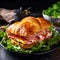 Croissant sandwich. Freshly baked croissant filled with ham, boiled pork, melted cheese and arugula salad on dark plate on wooden