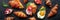 Croissant sandwich variety panorama. Various stuffed croissants, overhead
