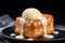 Croissant in the shape of a cube is poured with cream. Trending. With Generative AI technology