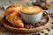 A croissant and singleorigin coffee on a wooden tray with coffee beans