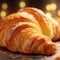 A croissant is sitting on a table with a light background, AI