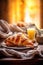 croissant table background food background mug cup morning bokeh bakery drink breakfast. Generative AI.