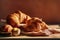 Croissants, bread on a pastel background Commercial photography